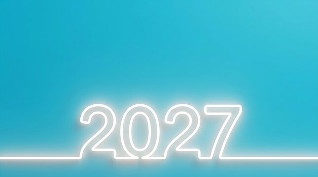 Neon sign with the year 2027 on a blue background