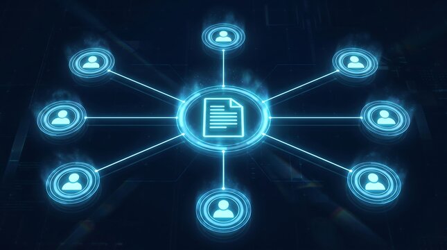 Central document file icon connected to multiple user profile avatars representing digital document sharing and social network collaboration in 3d render technology concept