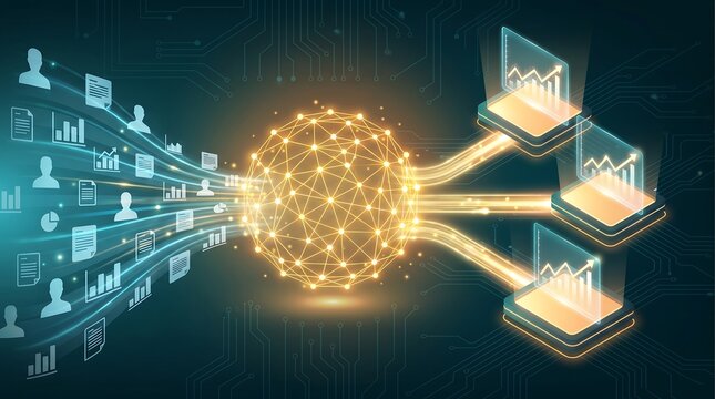 Global network data connectivity with glowing nodes and lines connecting to multiple analytical dashboard screens representing digital transformation and business intelligence analytics