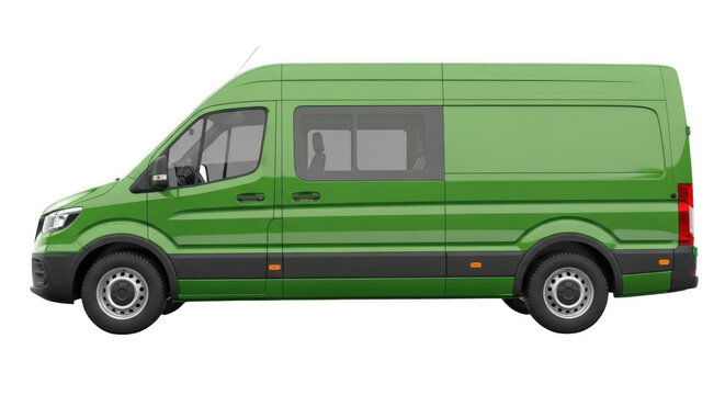 Green cargo van in profile during bright daylight against a pure white void Isolated on transparent background