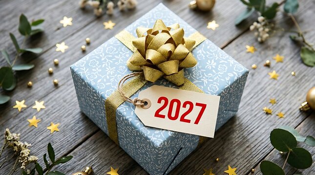 New Year's gift 2027 with golden bow and star decorations