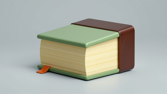 Closed book sits upon gray surface. Pages visible, green cover, brown spine. Orange bookmark extends from pages. Simple design.