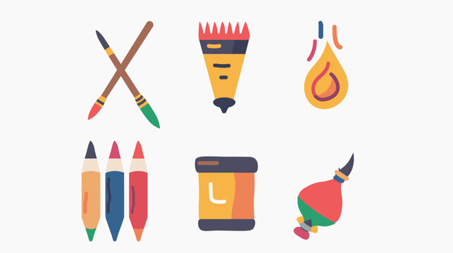 Colorful Flat Vector Art Supplies Icons Showing Crossed Paintbrushes Paint Tube Paint Drop Crayons