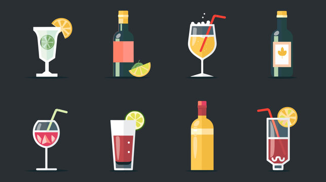 Colorful Flat Vector Icons Of Assorted Cocktails Bottles And Garnished Mixed Drinks On Dark