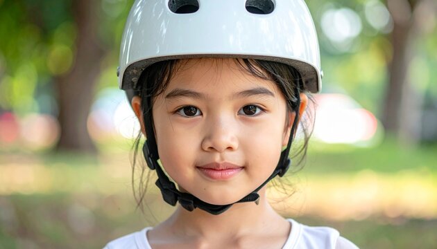portrait of a girl with ephelides wearing a bicycle helmet, serving as a visual reference for phenotypic genetics, pediatric ergonomics, and childhood safety awareness