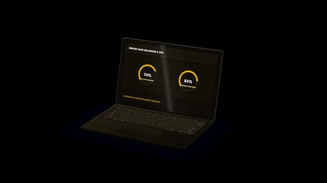 High quality 4k 3D animation of a laptop opening revealing server load balancer nodes and CPU processing power on a transparent background