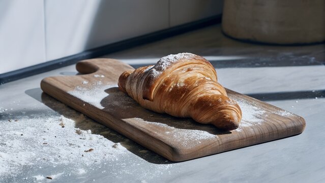 Freshly baked croissant on a wooden cutting board with scattered flour