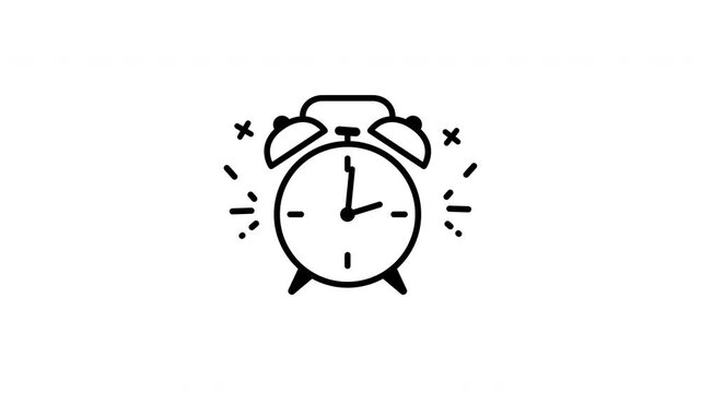 Animation of a simple black outline alarm clock for morning notifications.