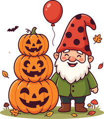 Fototapeta premium Gnome stands beside a stack of carved pumpkins vector illustration