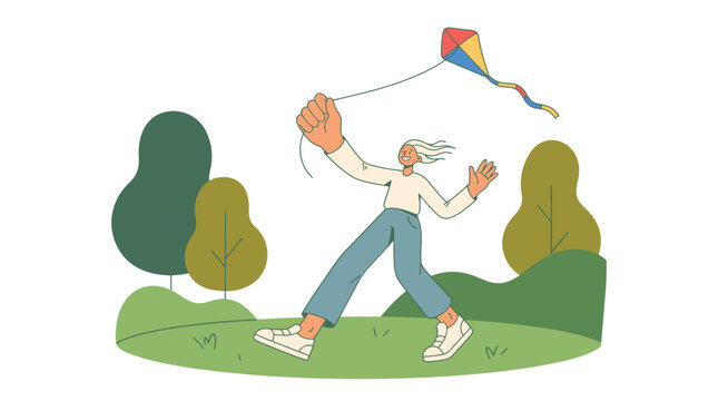 Woman flying a colorful kite in a green park vector illustration.