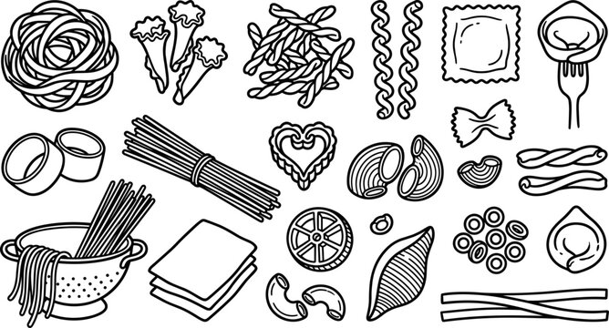 Pasta vector set doodle illustration of various Italian noodle types