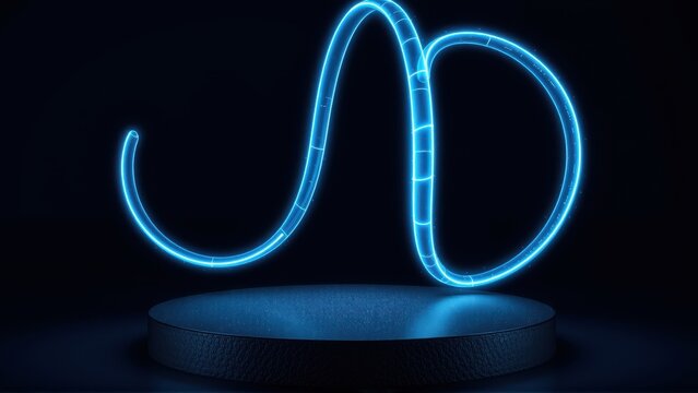 Bright neon letter symbol floats above dark pedestal. Glowing blue lines form elegant script design. Minimalist presentation.