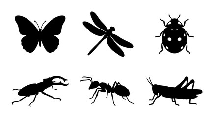 Fototapeta premium Insect Silhouettes Collection: Butterfly, Dragonfly, Ladybug, Ant, Beetle, Grasshopper Icons