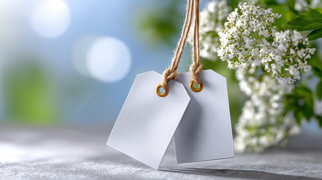 Blank wedding favor gift tags mockup hanging on twine beside white spring flowers for event labeling, place card identification, diy craft packaging and elegant stationery presentation