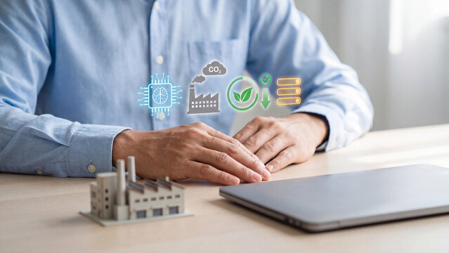 AI carbon emission reduction concept, man with factory model and laptop, ai brain chip, CO2 cloud, green leaf and down arrow for net zero manufacturing and smart carbon footprint tracking