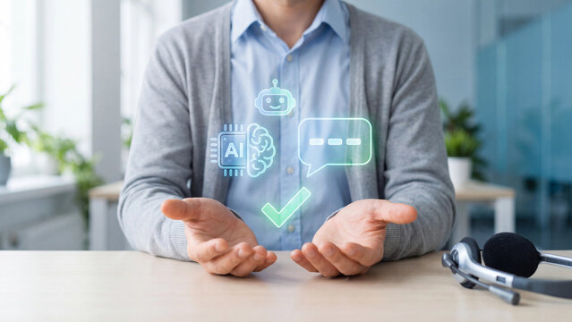 AI chatbot call center and virtual agent support concept, man presenting robot, ai brain chip and chat bubble with checkmark near microphone headset for automated helpline service