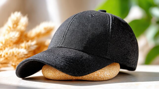 Black casual baseball cap on natural prop for lifestyle product display, hat mockup for apparel designers, small brand merchandise , social media promotion and online storefront presentation