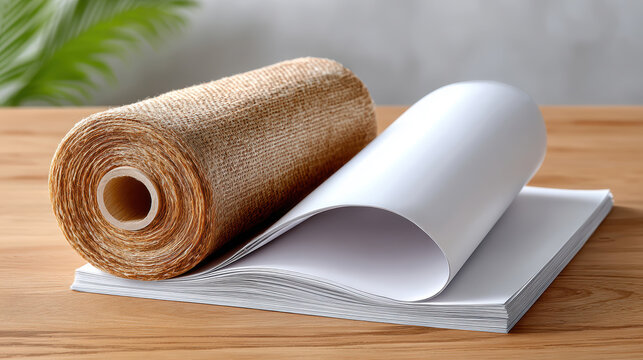Top view blank flyers with burlap roll for brochure and print mockup, sustainable packaging presentation, marketing collateral layout and print design preview for designers