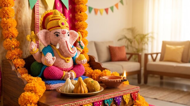 Beautifully decorated Ganesha idol with traditional offerings and diya for Ganesh Chaturthi festival celebration.