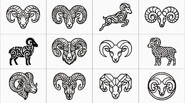 Black and white tribal ram and sheep vector set with horns and patterns
