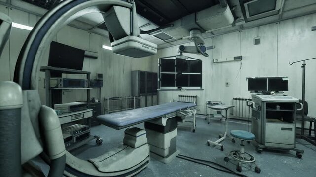 Hybrid imaging operating room with gantry hovering above table, highresolution monitors arrayed, mobile workstation and instrument carts positioned, leadlined