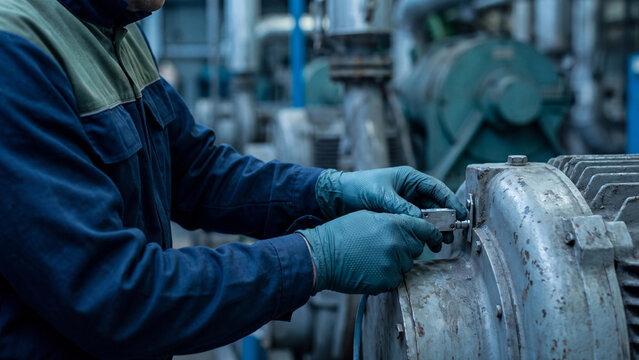 Vibration sensor installation and predictive maintenance concept, worker in gloves mounting iot sensor on electric motor in factory pump room for condition monitoring and equipment inspection