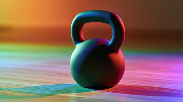 Black kettlebell on a wooden floor with colorful neon lighting and copy space for fitness concepts