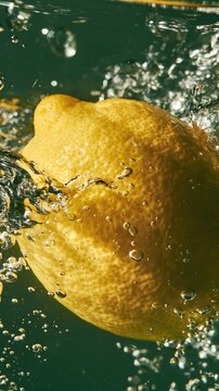 Fresh yellow lemon falling into clear water with dynamic bubbles and splash against dark background