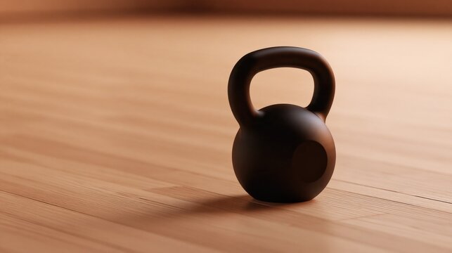 Black kettlebell resting on a polished wooden gym floor with soft natural lighting and copy space