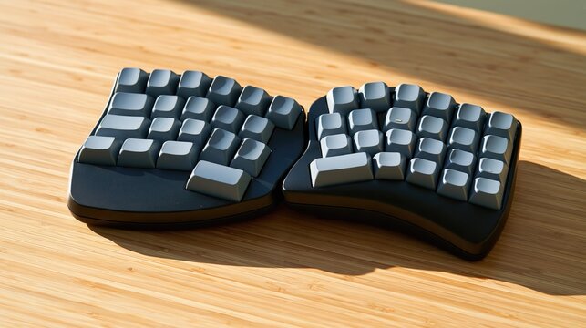 Ergonomic split keyboard on a wooden desk with natural sunlight and copy space for office work