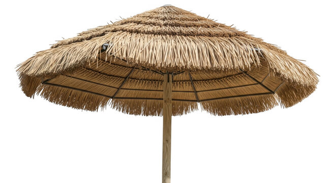 Natural thatched parasol with wooden pole during bright daylight isolated on transparent background