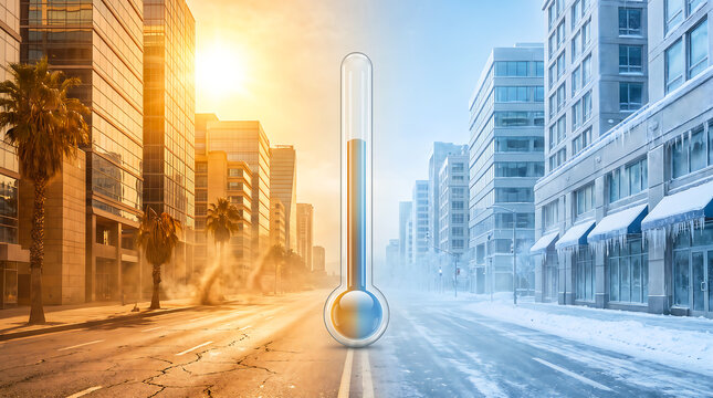 Urban city street split between extreme hot heatwave and freezing winter snow with thermometer concept representing climate change global warming temperature extremes and severe weather transition.