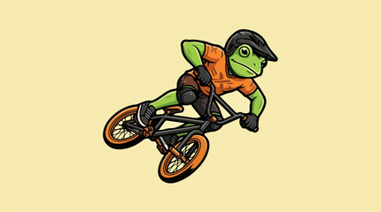Fototapeta premium Cartoon frog riding mountain bike performing extreme jump.