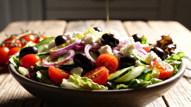 Fresh Greek salad bowl featuring halved cherry tomatoes, sliced cucumbers, black olives, red onion rings, and crumbled feta cheese on a rustic wooden table in soft natural daylight.
