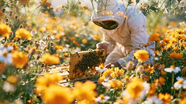 Beekeeper holding a honeycomb frame in a field of blooming yellow flowers with natural sunlight