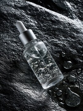 Glass dropper bottle with clear serum on wet dark stone surface for skincare product presentation