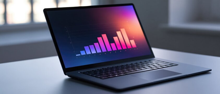 Laptop displaying colorful financial growth bar chart on screen in a bright modern office workspace