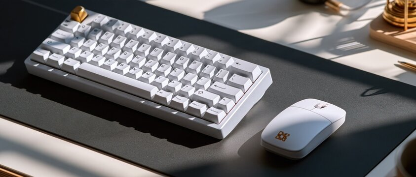 White mechanical keyboard and wireless mouse on a black desk mat with natural sunlight shadows