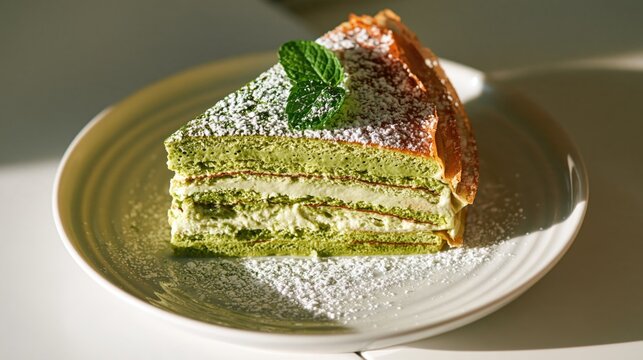 Slice of matcha crepe cake with cream layers and mint on a white plate with natural sunlight