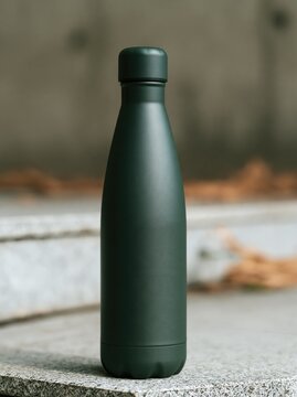 Dark green reusable metal water bottle standing on stone steps with blurred outdoor background