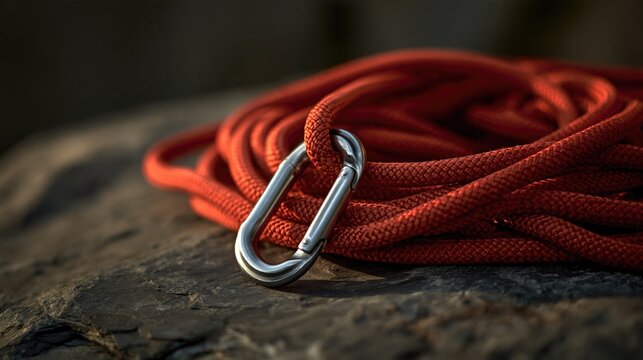 Red climbing rope with a metal carabiner resting on a dark rock surface with soft natural lighting