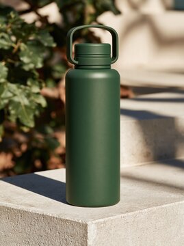 Green reusable water bottle standing on stone steps outdoors with natural sunlight and copy space