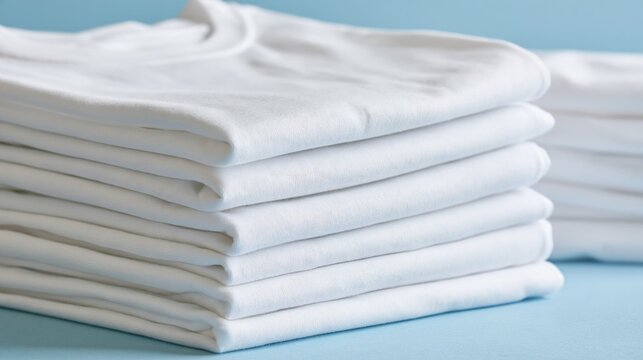 Stack of folded white t-shirts on a light blue background for apparel branding and mockup design