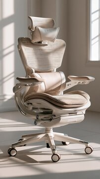 Modern ergonomic office chair with lumbar support in a bright minimalist home office interior