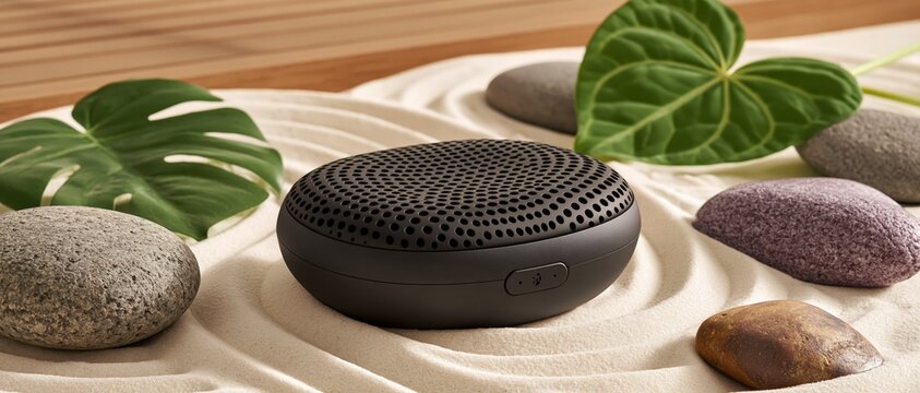 Black portable wireless speaker on zen garden sand with stones and tropical leaves for relaxation