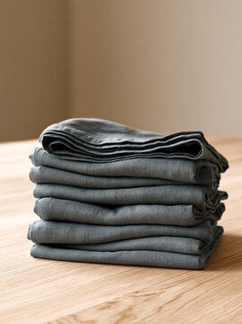 Stack of folded dark grey linen napkins on a light wooden table with soft natural lighting