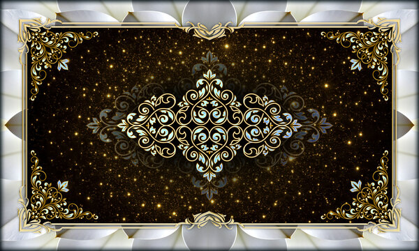 3D Celestial Gold and Cyan Arabesque Pattern with Starry Night Sky Ceiling Mural Wallpaper