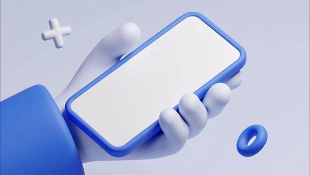 3D cartoon hand holding a blank smartphone with a clean minimalist design.