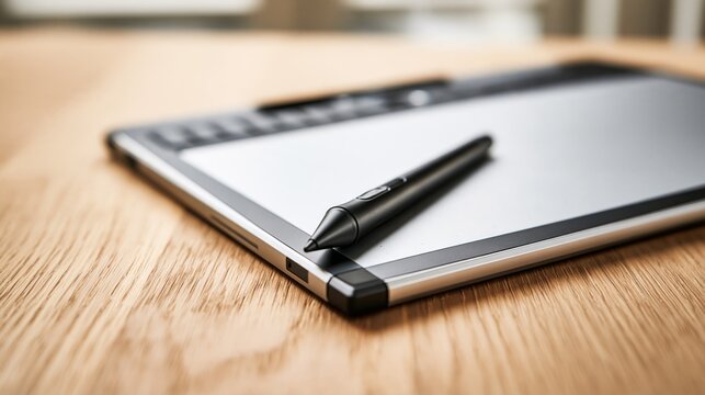 Digital graphics tablet with stylus pen resting on a wooden desk surface with copy space