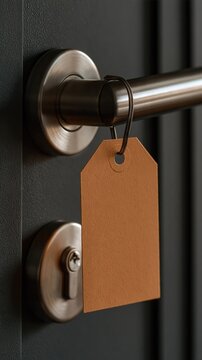 Blank brown paper tag hanging on a modern dark door handle with copy space for commercial branding